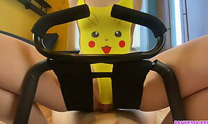 18 year old stepsister rides me on sex chair in Pikachu costume and gets a load of cum. Pokemon cosplay.