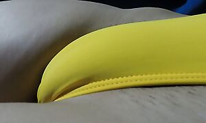 I allowed to my b to take off my shorts to record my swollen pussy in a tight yellow bathing suit.