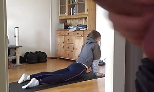 I love to watch how my stepsister is doing yoga and jerk off